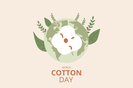 World cotton day banner template. Cotton boll on globe emblem. Eco symbols. Vector illustration.のイラスト素材