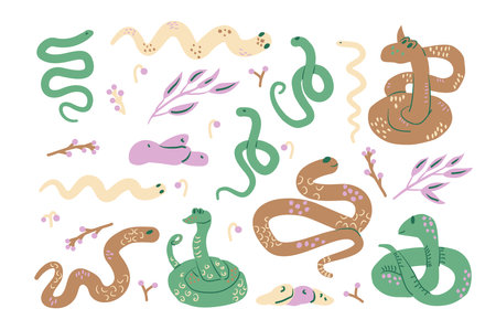 Set of snakes. Crawling reptile with leaves and berries kit. Vector hand drawn flat collection illustration isolated on white background.のイラスト素材