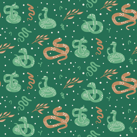 Snakes seamless pattern. Reptiles repeat background. Animal green surface pattern design. Vector hand drawn flat cover.のイラスト素材