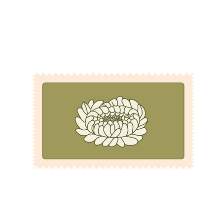 Chrysanthemum stamp. Rectangle sticker with flower. Vector hand drawn illustration.のイラスト素材