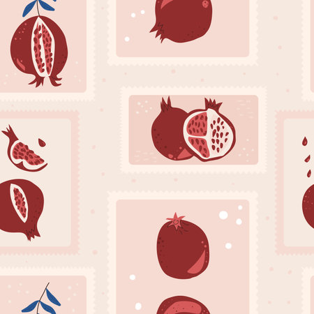 Pomegranates emblem seamless pattern. Rectangle badge with fruits repeat surface background. Vector hand drawn flat illustration.のイラスト素材