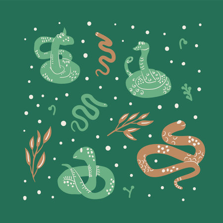 Snakes green poster. Reptile animal background. Greeting card. Vector hand drawn flat illustration