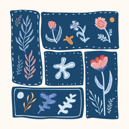 Vector patchwork-style illustration featuring various hand-drawn flowers and leaves on a dark blue background with stitched details.のイラスト素材