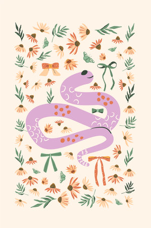 Snake and daisy with bow poster. Flowers and reptile animal background. Beige greeting card. Vector hand drawn flat illustrationのイラスト素材