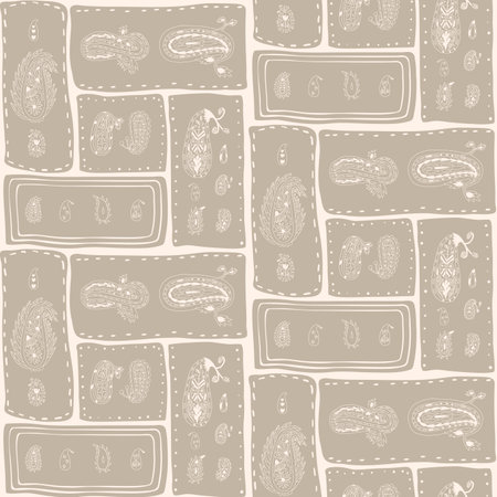 Neutral-toned patchwork seamless pattern with paisley line arranged in rectangular segments. Patchwork monochrome repeat background. Vector hand drawn scribble illustration.のイラスト素材