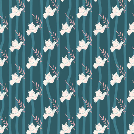 Seamless pattern with white doves holding olive branches on a dark teal background. Surface pattern design birds motif. Vector hand drawn illustration.のイラスト素材