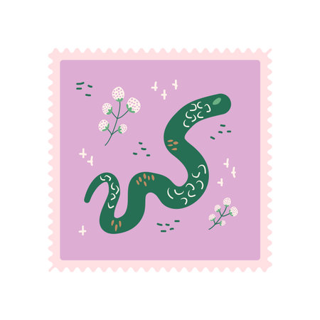 Crawling snake post snake. Reptile animal square sticker. Vector hand drawn flat illustrationのイラスト素材
