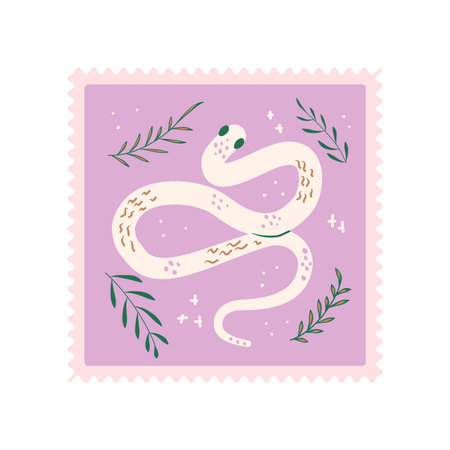 Stamp with snake. Reptile animal with leaves sticker. Vector hand drawn flat illustrationのイラスト素材