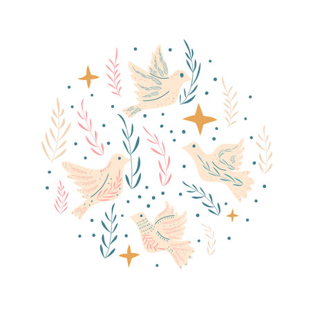 Doves of peace vector round set. Flying pigeon holding an olive branch and stars circular emblem. Vector hand drawn flat birds collection illustration isolated on white background.のイラスト素材