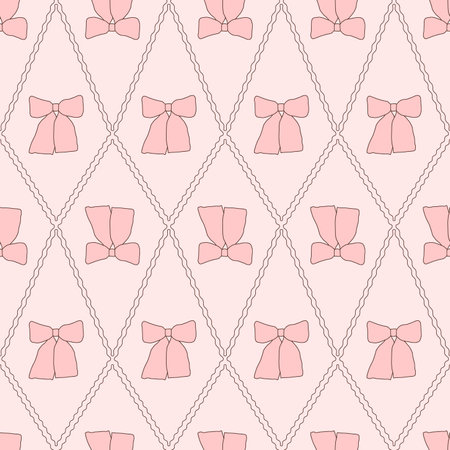 Pink bows geometric seamless pattern. Decorative band rhombus endless background. Bowknot continuous ornament. Vector illustration.のイラスト素材