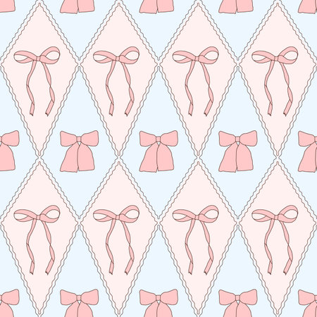 Pink bows seamless pattern. Decorative band rhombus endless background. Bowknot continuous ornament. Vector doodle illustration.のイラスト素材