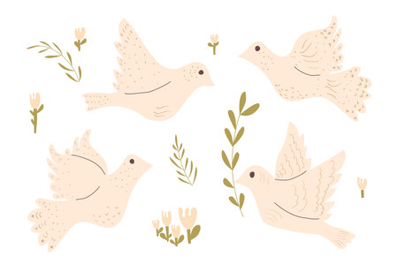 Doves of peace vector set. Flying pigeon holding an olive branch kit. Hand drawn flat birds collection illustration isolated on white background.のイラスト素材