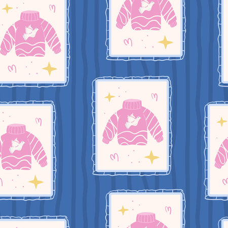 Sweater emblems seamless pattern. Winter cozy clothing endless background. Warm casual apparel continuous ornament. Surface pattern design Christmas motif. Vector hand drawn flat illustration.のイラスト素材