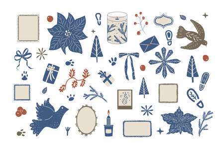 Set of Christmas-themed elements. Winter holidays kit. Vector hand drawn flat collection illustration isolated on white background.のイラスト素材