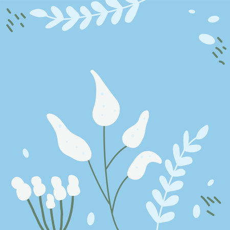 Winter season card template. Rustic banner decorated with scribble botanical elements on a light blue background. Social media post in naive style. Vector hand drawn illustration.のイラスト素材