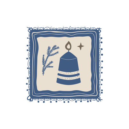 Winter holidays vintage emblem with candle in frame. Sticker with retro Christmas decoration. Vector hand drawn illustration.のイラスト素材