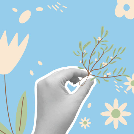 Winter holiday collage banner with hands holding mistletoe on a light blue background. Vector hand drawn illustration.のイラスト素材