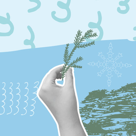 Winter holiday collage banner with hands holding evergreen tree branch on a light blue background....