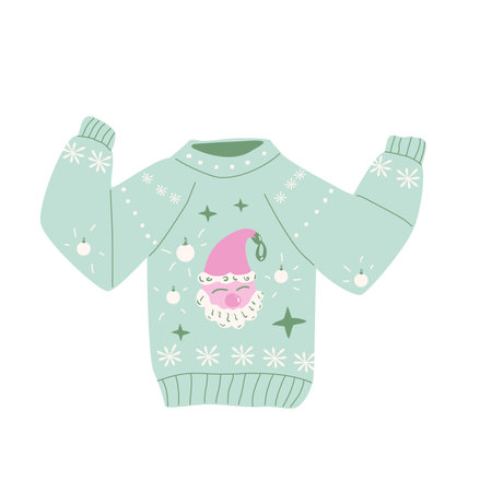 Ugly Sweater isolated on white background. Knitted pullover with Christmas Santa holiday decor. Vector hand drawn flat illustrationのイラスト素材