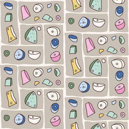 Climbing wall seamless pattern. Rock clambering park endless background. Indoor bouldering repeat cover. Surface pattern design extreme sport motif. Vector hand drawn illustration.のイラスト素材