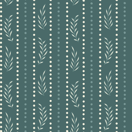 Seamless pattern with leaves and branches with dotted stripes on green background. Surface pattern design floral motif. Vector hand drawn flat illustration.のイラスト素材