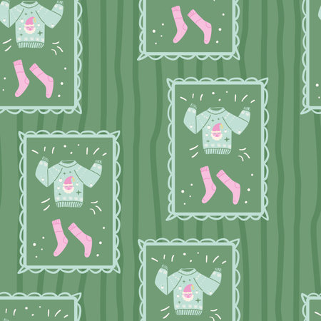 Ugly sweater and socks seamless pattern. Winter cozy fun clothing endless background. Warm Christmas apparel continuous ornament. Surface pattern design vector flat holiday motif.のイラスト素材