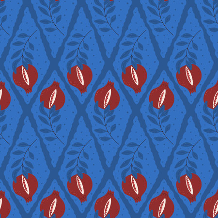 Pomegranates rhombus seamless pattern. Fruit geometric continuous ornament. Vector hand drawn flat illustration.のイラスト素材