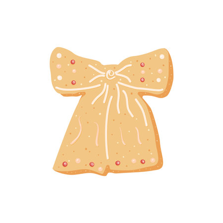 Gingerbread bow cookie isolated on white background. Homemade festive baking in bowknot shape. Christmas sweet dessert with frosting decor. Vector hand drawn illustrationのイラスト素材