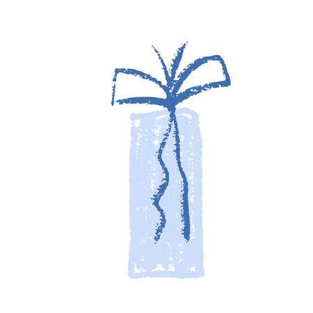 Crayon gift box. Scribble style blue rectangle festive present Chalk drawing holiday decorative packaging. Vector illustration isolated on white backgroundのイラスト素材