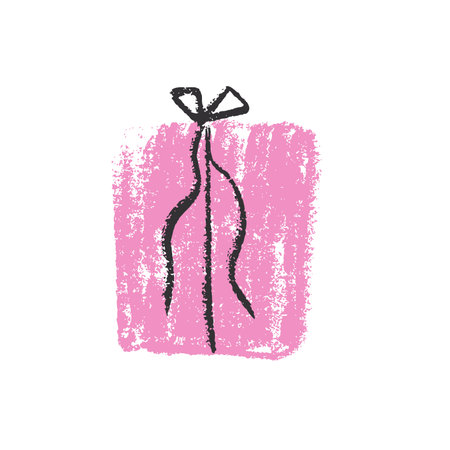 Crayon gift box. Scribble style festive present Chalk square holiday decorative packaging. Vector illustration isolated on white backgroundのイラスト素材