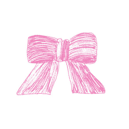 Crayon drawing bow in butterfly shape. Coquette pink chalk ribbon for festive decoration. Holiday packaging band. Vector illustration isolated on white background.のイラスト素材