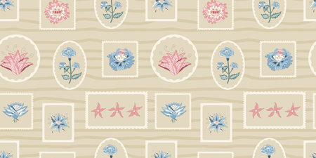 Floral seamless pattern. Farmhouse modern flower in retro geometric frame endless background....