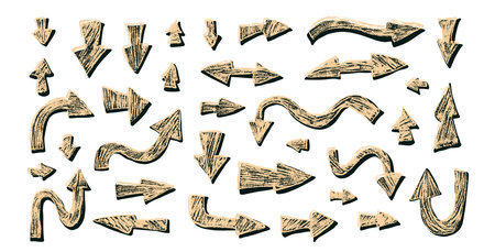 Arrows set. Crayon drawing pointers marks for collage. Vector hand drawn collection elements illustration.のイラスト素材