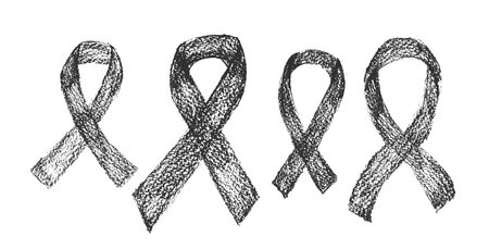 Crayon ribbon awareness set. Symbol of solidarity campaign doodle isolated on white background....