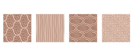 Brown monochrome ogee seamless patterns collection. Damask, stripes and polka dots geometric print beige and mocha mouse endless backgrounds set. Abstract chocolate repeat cover. Vector illustration.のイラスト素材