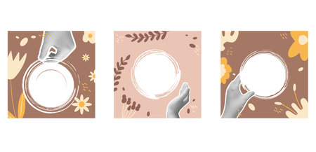 Brown nude collage background with frame and hand set. Mocha mousse palette Abstract textured template. Monochrome backdrop. Scrapbook modern nude colors cover with copy space. Vector illustration.のイラスト素材