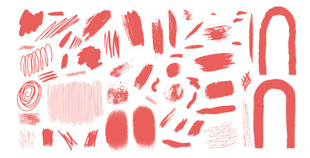 Collage grunge elements textured set. Dirty torn design red shapes by chalk or pencil isolated on white background. Grunge style painted decorative abstract shapes. Vector hand drawn illustration.のイラスト素材