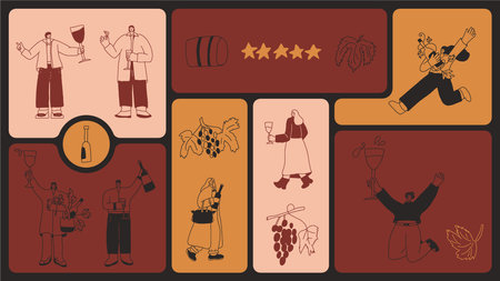 Wine party. Drinking people on bento grid box background. Tasting event on modular mosaic grid. Party with alcohol drinks. Women and men with wineglasses visit vineyard. Geometric vector illustration.のイラスト素材