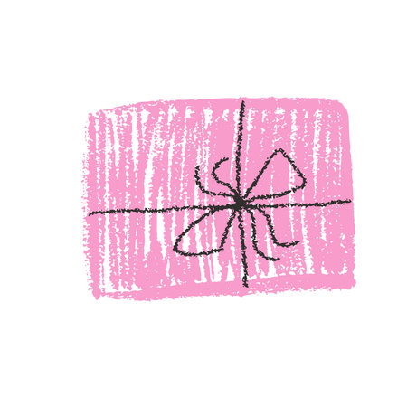 Crayon simple gift box. Scribble style festive present Chalk drawing holiday decorative giftbox packaging. Vector illustration isolated on white backgroundのイラスト素材