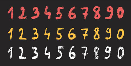 Numbers set isolated on dark background. Children vector colorful crayon chalk drawn illustration.のイラスト素材