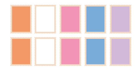 Postage stamps set. Blank empty mail postcard pack. Vector hand drawn flat collection illustration isolated on white background. Perforated paper mark templates.のイラスト素材