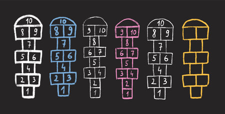 Hopscotch games set isolated on white background. Children playground outdoor entertainment. Vector colorful crayon chalk drawn illustration.のイラスト素材