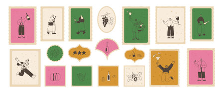 Wine club on postal stamps set. Tasting event square zigzag edges emblem. Party with alcohol drinks.People with wineglasses and bottles visit a vineyard. Vector hand drawn doodle illustration.のイラスト素材