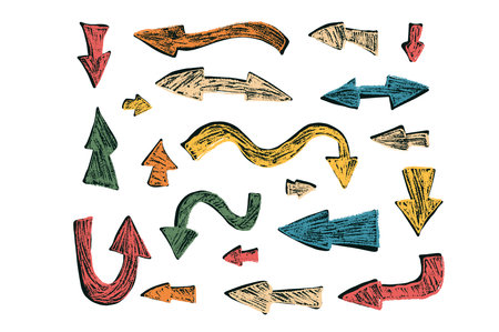 Arrow set crayon drawing set. Pointers for collage isolated on white background. Vector path marks collection hand drawn illustrationのイラスト素材