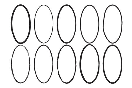 Grunge set of ellipse frames. Oval shapes modern black. Vector hand drawn border collection illustration isolated on white background.のイラスト素材
