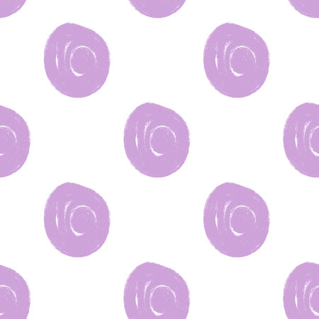 Polka dots purple abstract seamless pattern marker drawn. Circular spots allover background. Round brush blobs repeat cover. Scribble painted elements. Vector surface design festive motif.のイラスト素材
