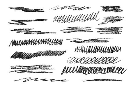 Charcoal underline set. Pencil scribble lines pack. Chalk doodle rough strokes. Grunge uneven elements. Crayon emphasis shapes. Vector hand drawn collection illustration isolated on white background.のイラスト素材