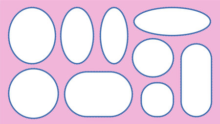 Scallop edged circular frame templates set. Oval and rectangle shapes. Geometry borders with perforation. Lace frill pack. Trendy blocks blank layout. Vector illustration.のイラスト素材