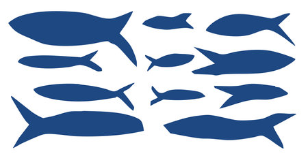 Fish silhouette set. Sardines school collection. Salmon silhouettes. Undersea animals. Vector hand drawn cutout collage elements illustration isolated on white background.のイラスト素材
