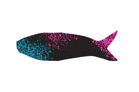 Simple grainy textured fish. Sardine element with noise. Salmon or anchovy silhouettes. Undersea animal. Vector hand drawn cutout collage illustration isolated on white background.のイラスト素材